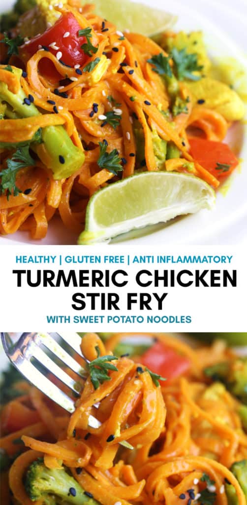 Turmeric Chicken Stir Fry with Sweet Potato Noodles. This healthy dinner is not only gluten free, Whole30, and diary free but also has the health benefits of low histamine diet and anti inflammatory. Perfect for those with chronic hives and inflammatory problems. #chickenstirfry #sweetpotatonoodles #zoodles #lowhistamine #whole30