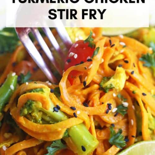 This amazing, healthy, and POWERFUL turmeric chicken stir fry is an anti inflammatory and low histamine recipe. Perfect for those dealing with chronic hives, inflammation, allergies, and are gluten and dairy free. #turmericrecipes #chickenstirfry #healthychickenrecipes #antiinflammatorydiet #lowhistaminediet