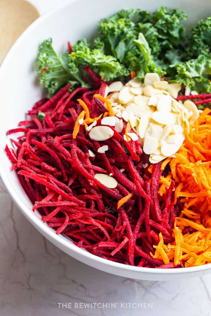 shredded beets, carrots, kale, and slivered almond for a beet slaw