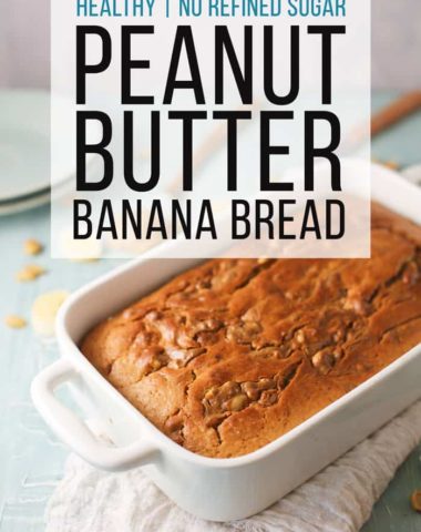 Healthy peanut butter banana bread in a loaf pan cooling.
