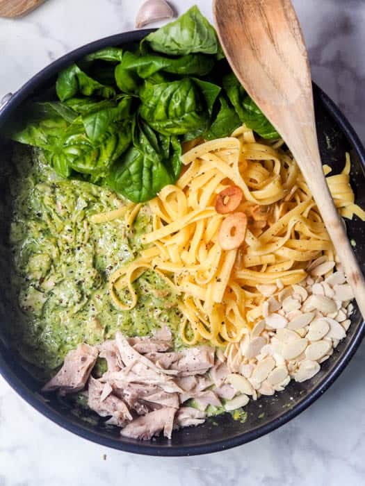 Pesto Chicken Pasta with Sliced Almonds and Garlic Chips