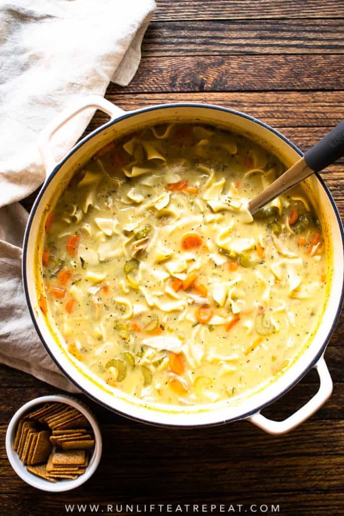 This lightened-up creamy chicken noodle soup is not only easy to make but it’s just as comforting as the classic and only 200 calories per serving!