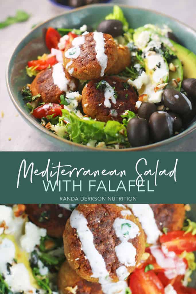 creamy mediterranean salad dressing over falafel and greens.