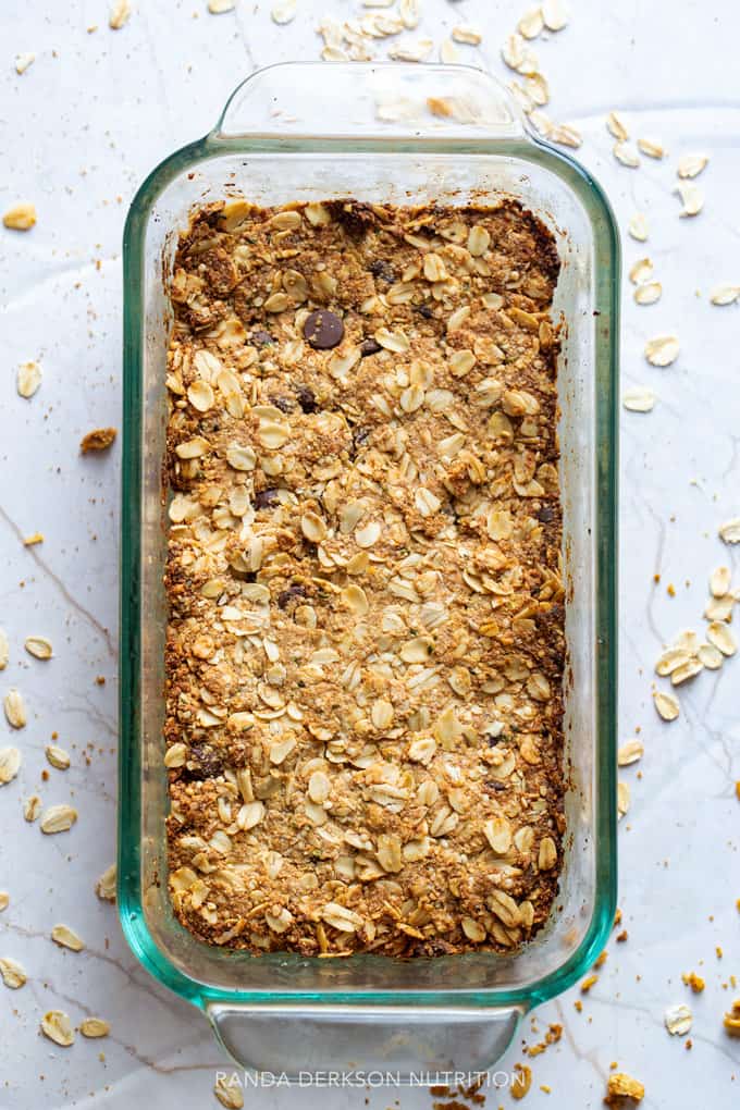 overhead of homemade healthy granola bars in a loaf pan