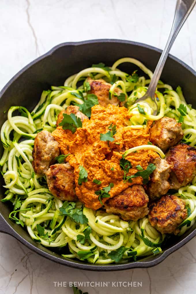 romesco chicken meatballs made with ground chicken