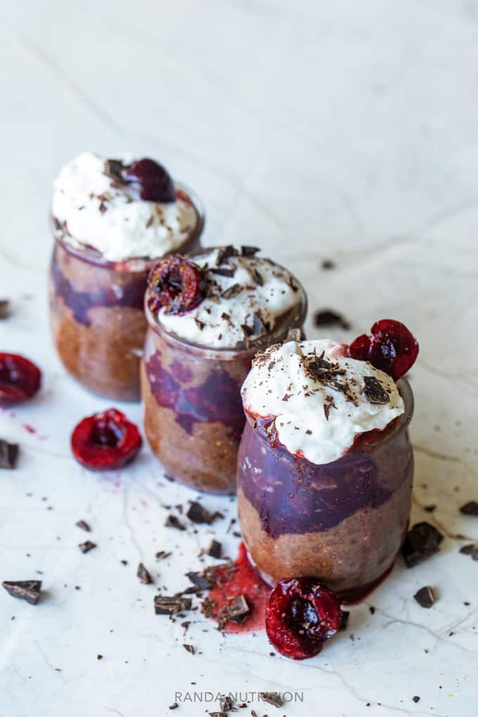 Chocolate Chia Seed Pudding with Black Cherries and Coconut Whip