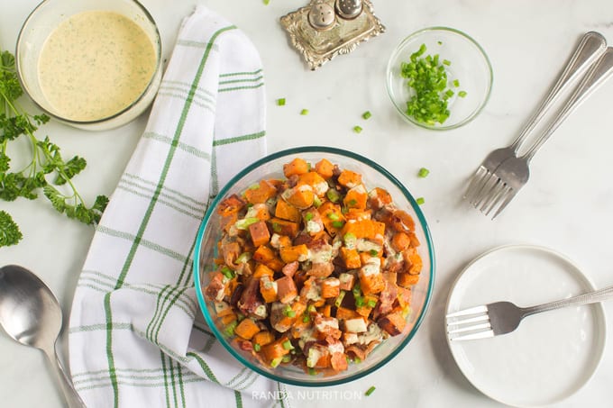 Whole30 Potato Salad with sweet potatoes and bacon