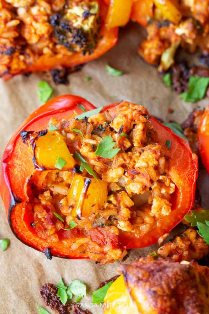 closeup of stuffed peppers fresh out of the oven without cheese