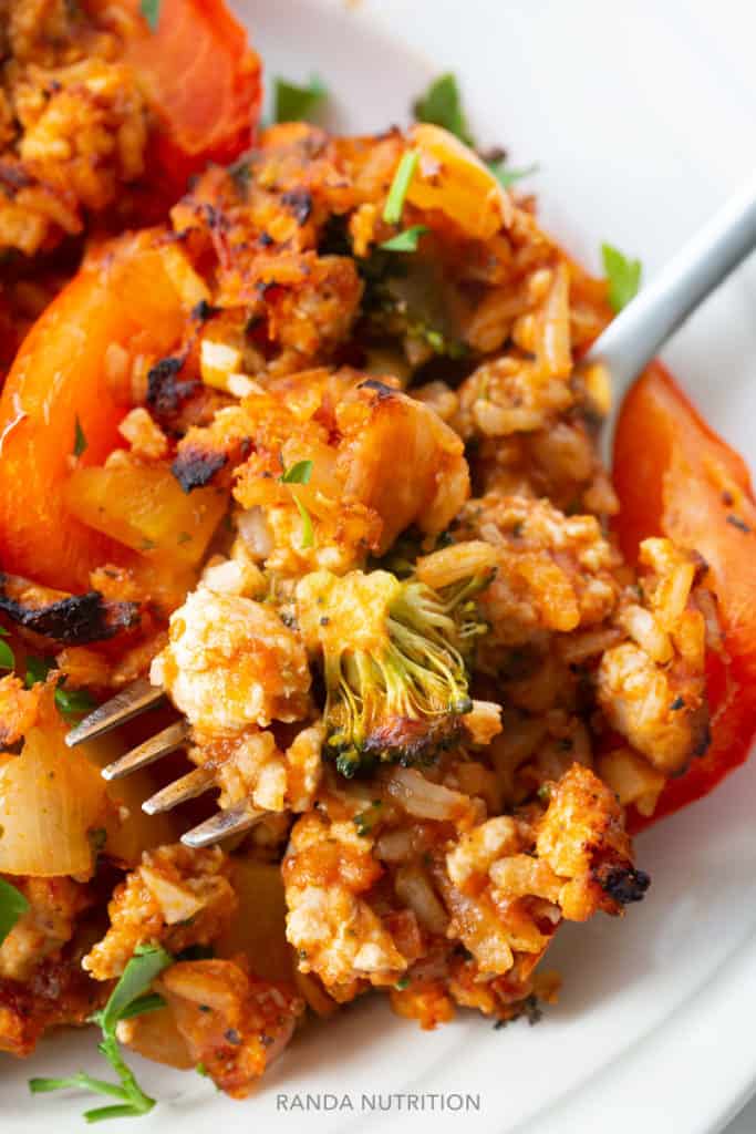 broccoli and rice stuffed in a bell pepper