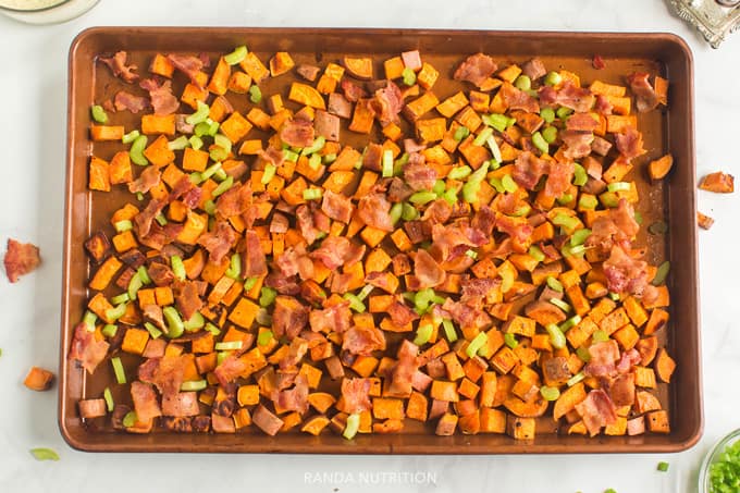 sweet potatoes, celery, bacon on a sheet pan