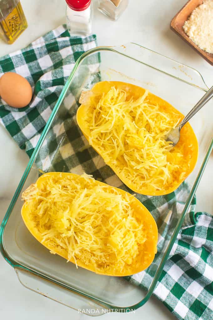 spaghetti squash noodles made by running a fork through the squash