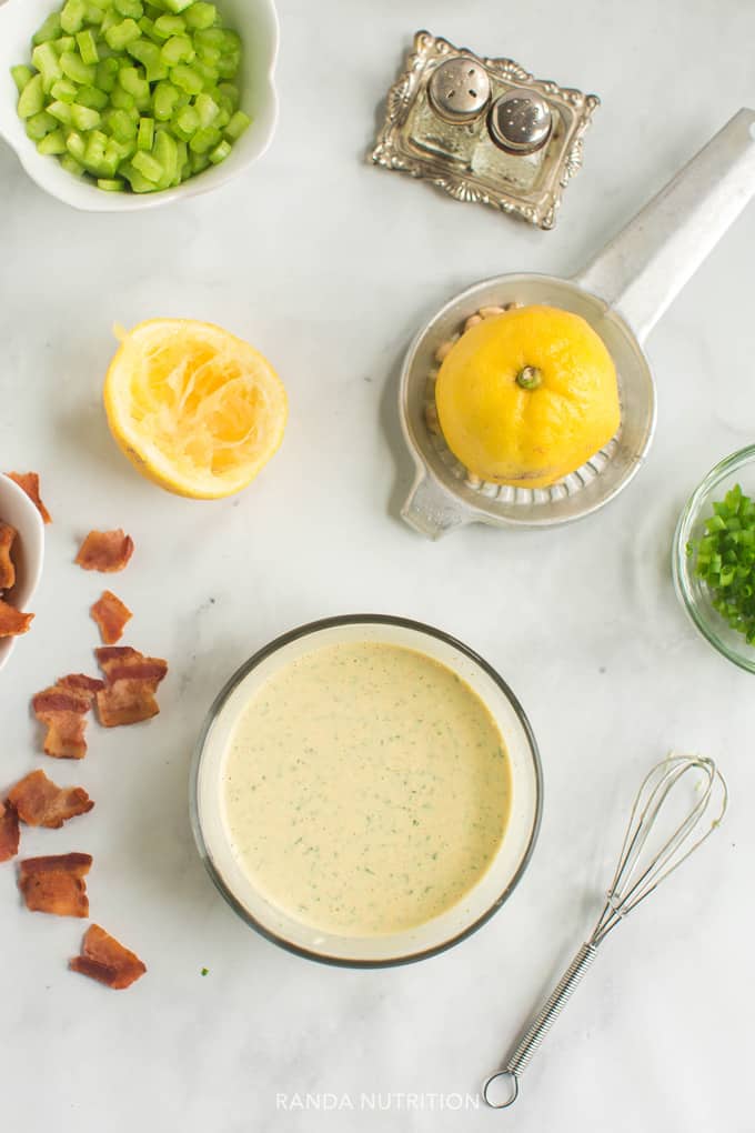 homemade sweet potato salad dressing with lemon, healthy mayo, and dijon mustard