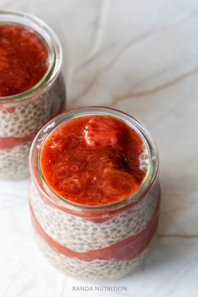 strawberry sauce on top of vegan chia pudding