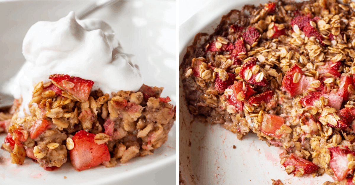 Healthy Strawberry Rhubarb Baked Oatmeal (sweetened with honey and coconut sugar)