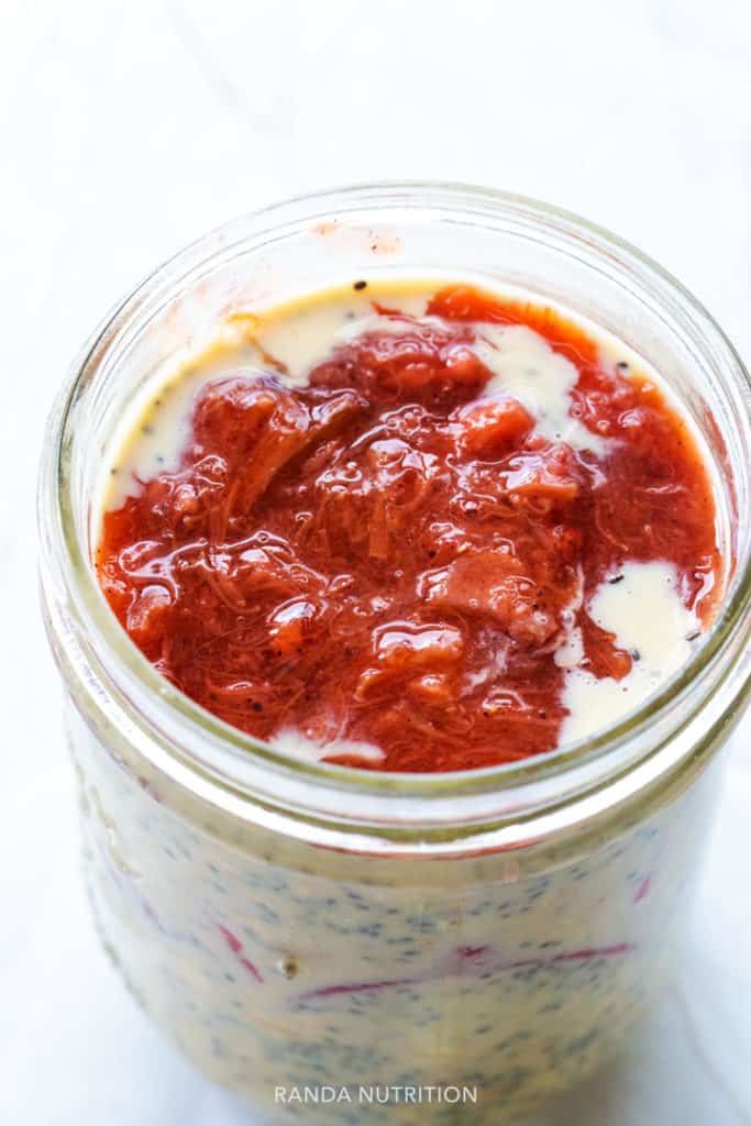 strawberry rhubarb sauce topped with overnight oats