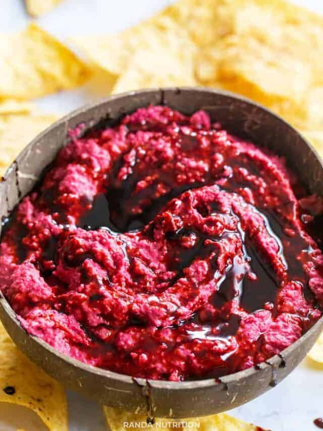 healthy balsamic beet hummus in a grey with tortilla chips