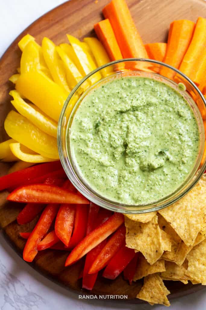 veggie platter served with a vegan herb and garlic dipping sauce