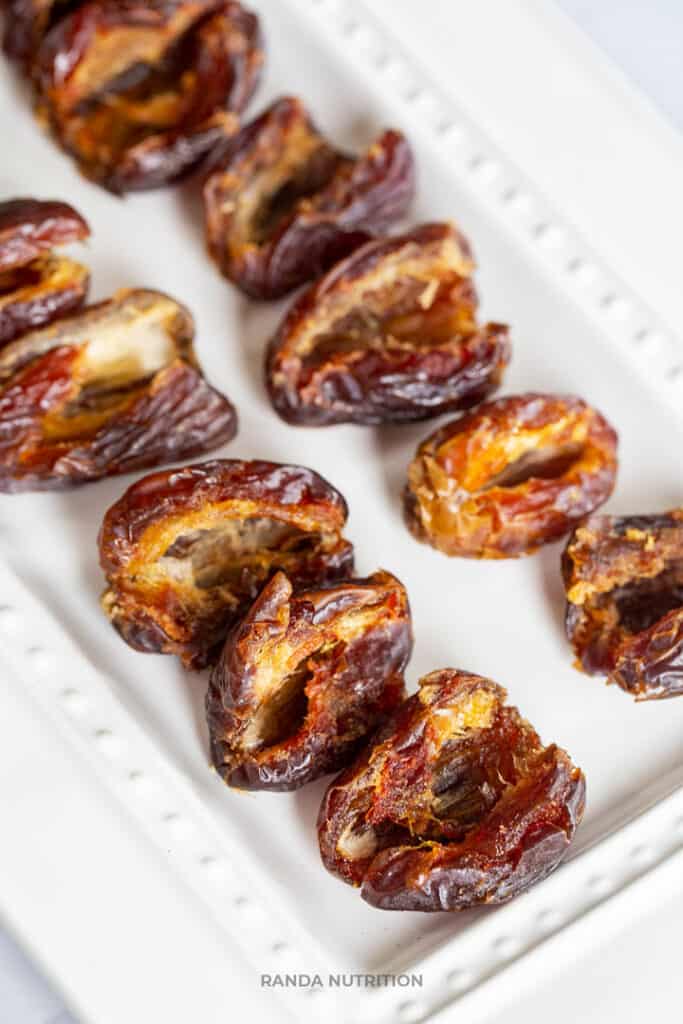 pitted dates on a platter ready to be filled