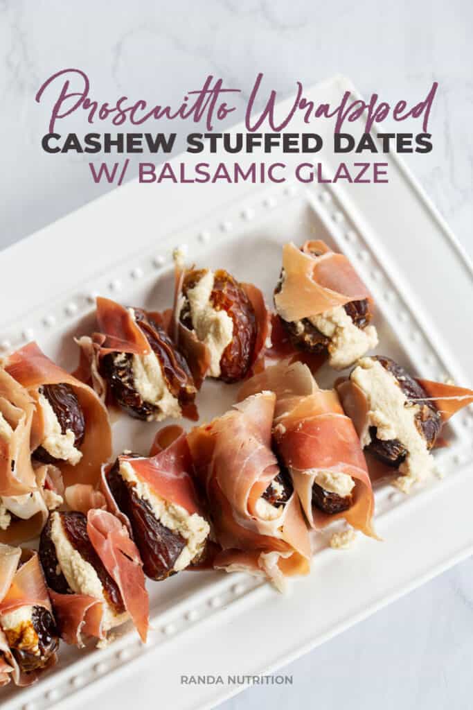 prosciutto wrapped cashew cream cheese stuffed dates on a platter