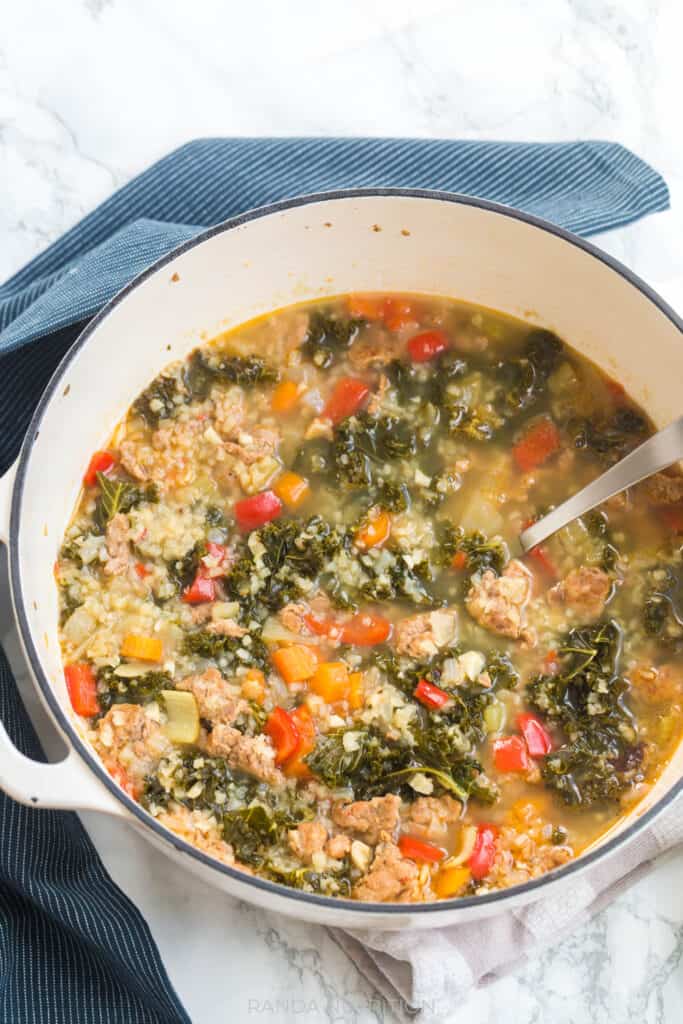 kale and sausage soup in a large dutch oven from amazon