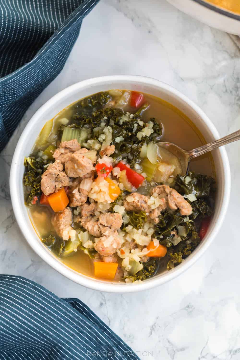 overhead shot of kale sausage soup
