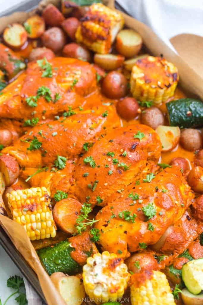 sheet pan roasted chicken with red pepper sauce