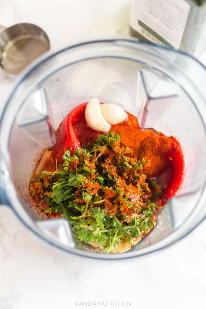 roasted red peppers, parlsey, garlic, and seasonings in a Vitamix to make a red pepper sauce