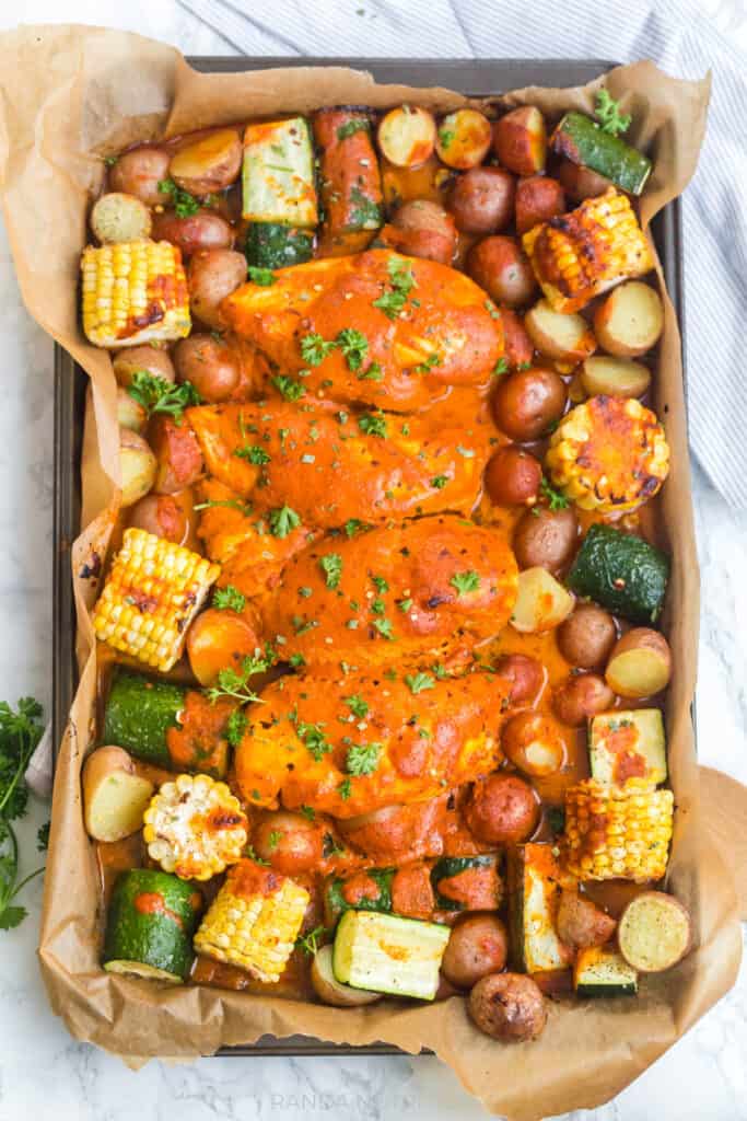 Sheet Pan Roasted Red Pepper Chicken cooked and ready