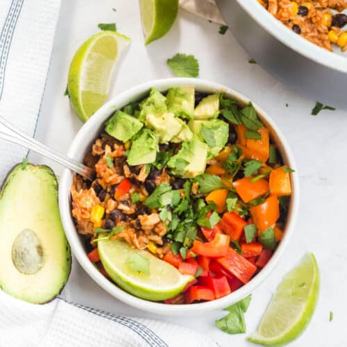 burrito bowl surrounded my avocado and lime in a Fable Home bowl