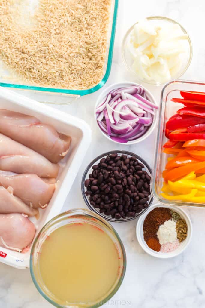 an overhead view of the ingredients needed to make this Chicken Fajita Bake Recipe