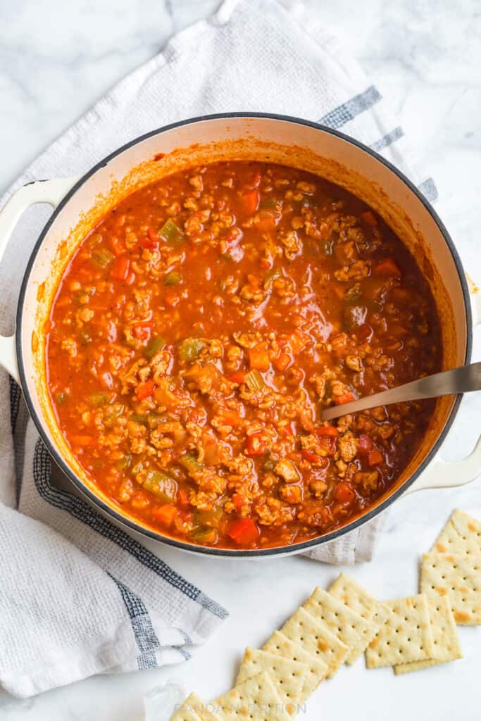 chicken stuffed pepper soup made in a dutch oven from Amazon