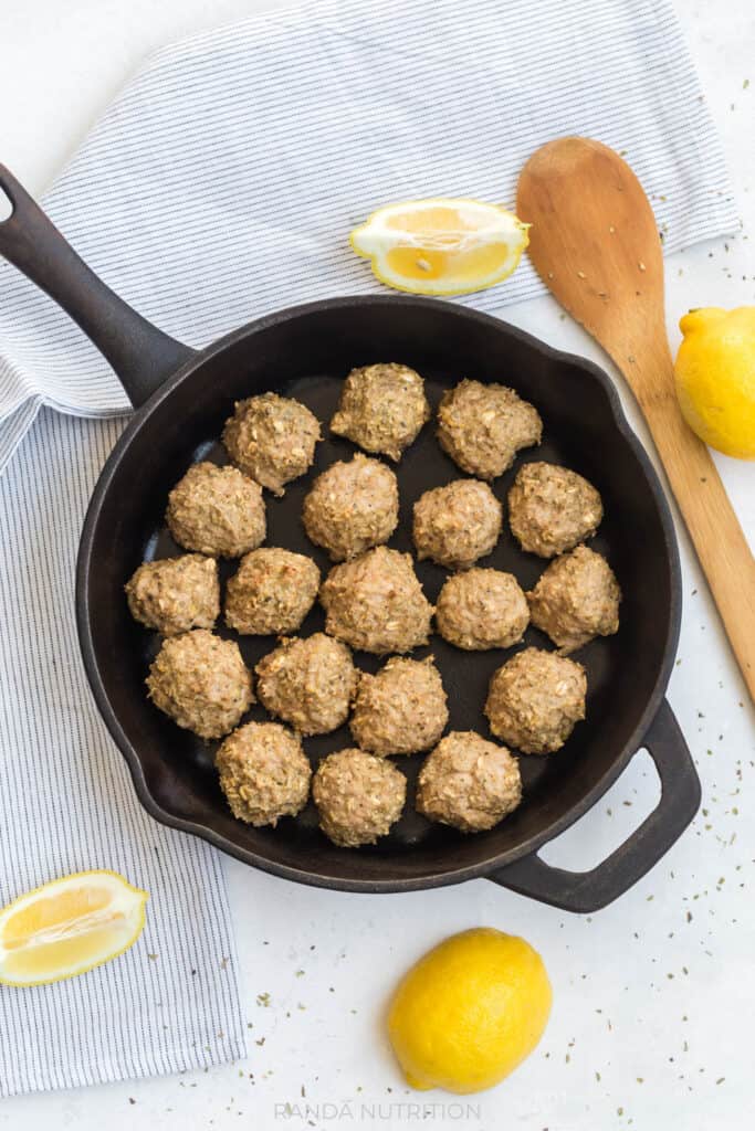 plain turkey meatballs with no sauce in a skillet