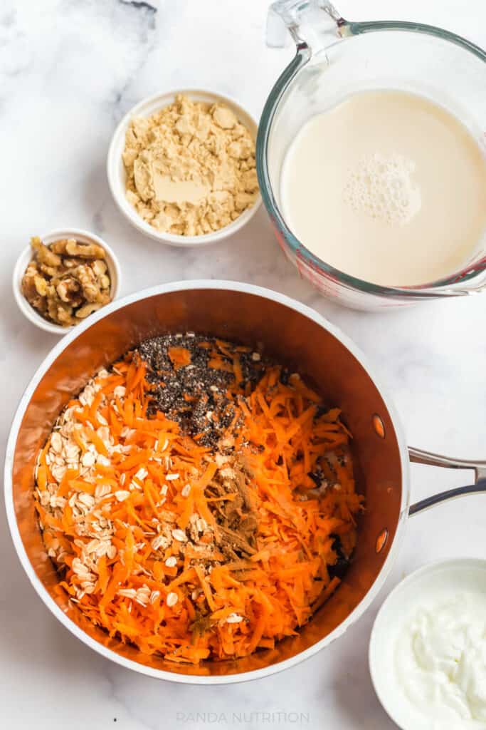 overhead view of the raw ingredients for this healthy carrot cake oatmeal recipe