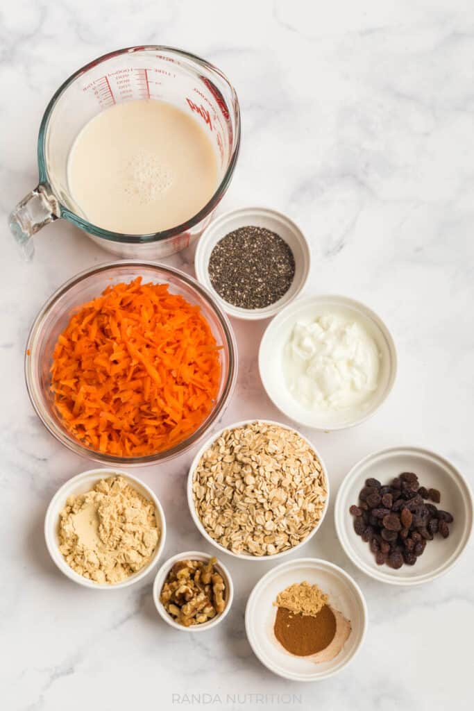 overhead view of the ingredients needed to make this easy carrot cake oatmeal