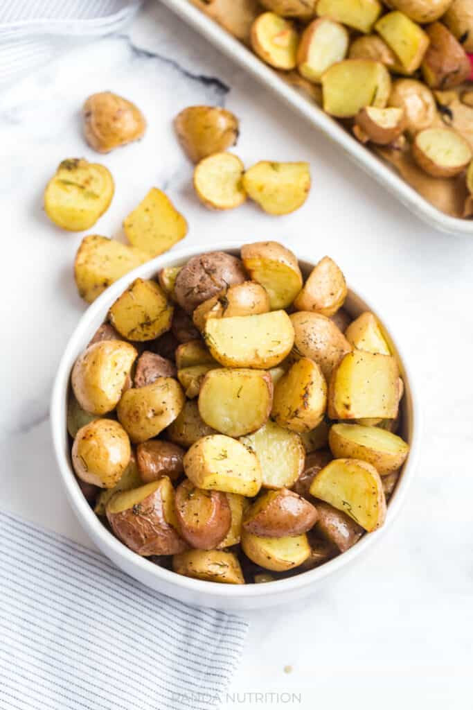 overhead view of these Lemon Roasted Potatoes with Garlic and Dill