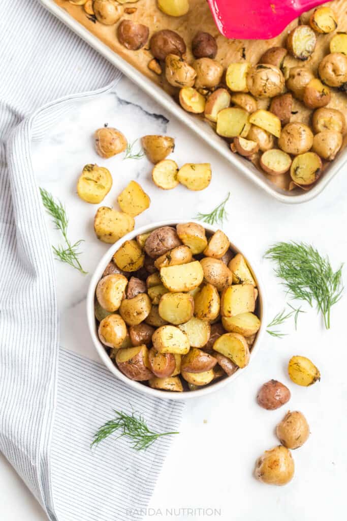 overhead view of these Lemon Roasted Potatoes with Garlic and Dill