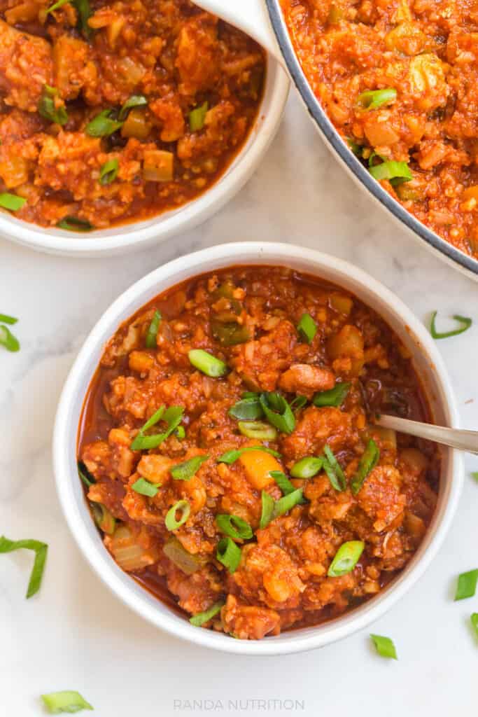 cauliflower rice in chicken jambalaya