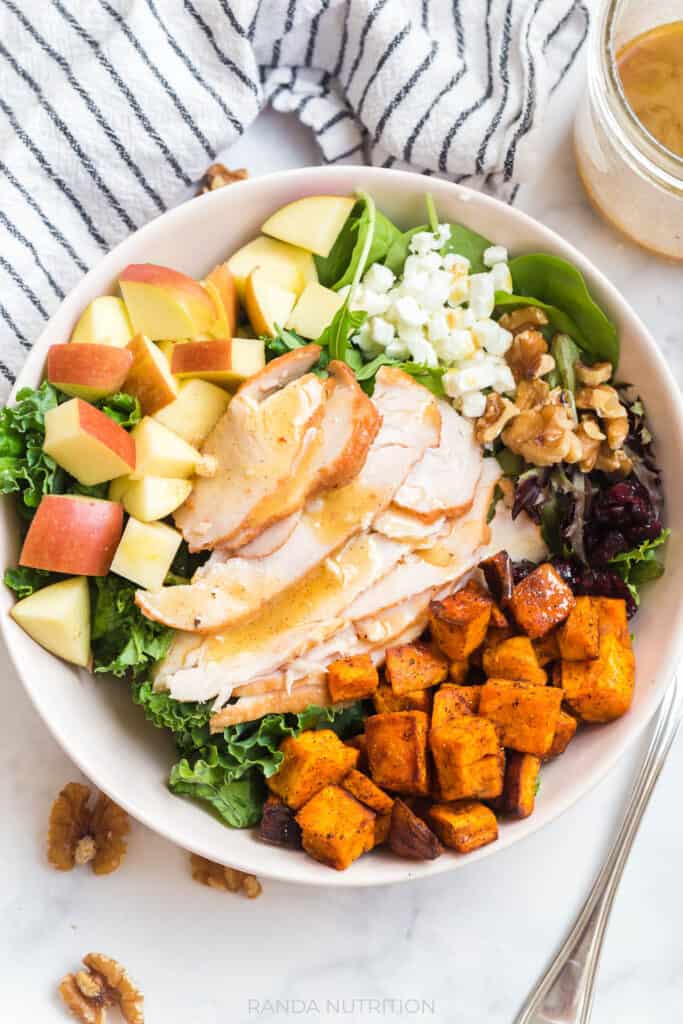 fall salad with apples, sweet potatoes, kale