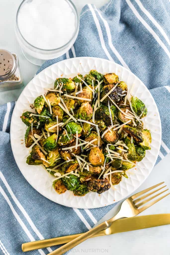 air fried brussels sprouts sprinkled with parmesan and balsamic