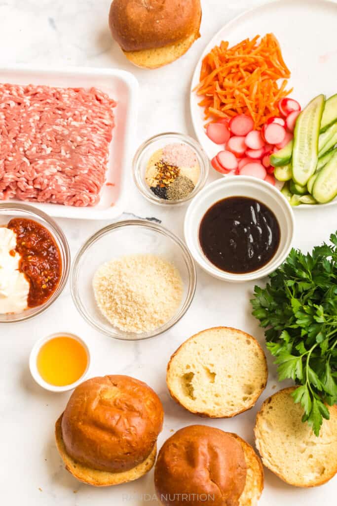 ingredients for banh mi burgers with ground pork