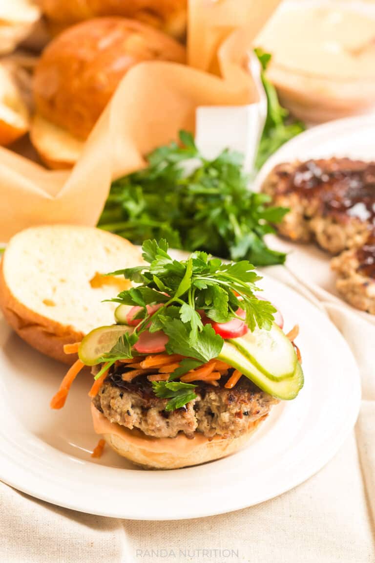 Easy Banh Mi Burger Recipe (Pork Burgers, Pickled Veggies & Spicy Mayo)