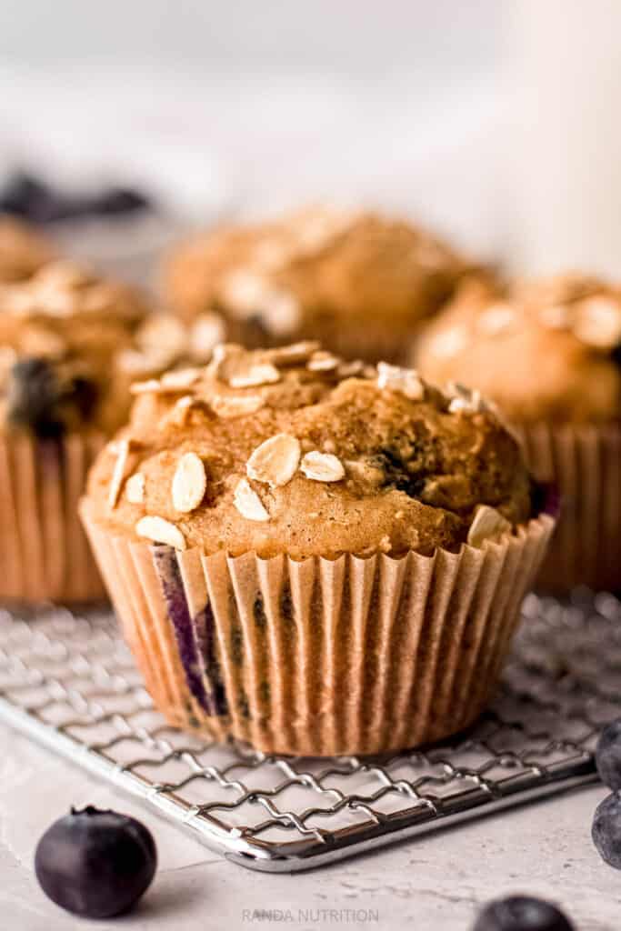 protein blueberry muffins topped with oats