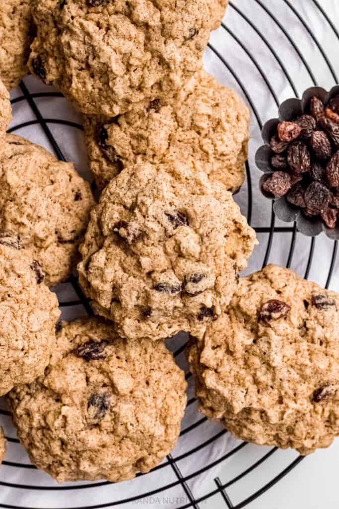 Chewy raisin cookies on a wire rack