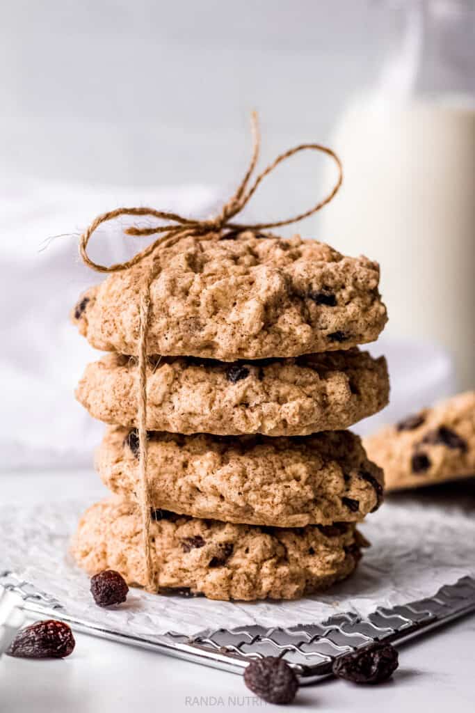 oatmeal raisin cookies stacked on top of each other, tied with a string.