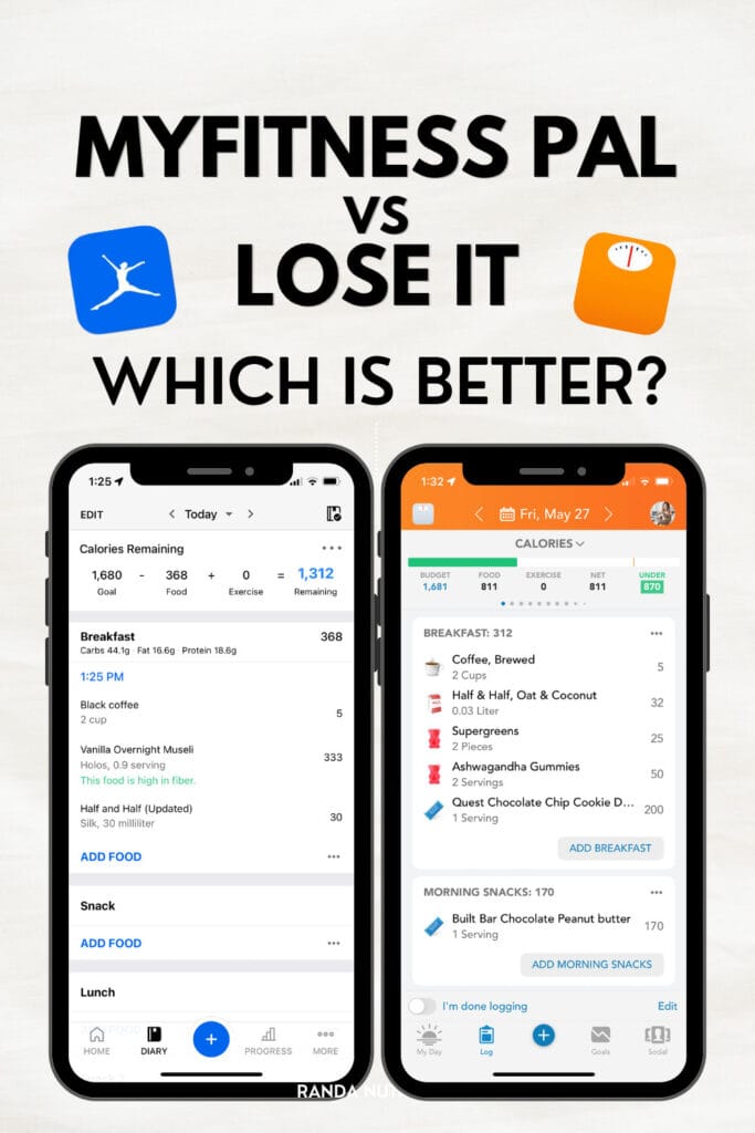 MyFitnessPal vs Lose It app comparison showing the diary screen on both apps side by side on iPhone