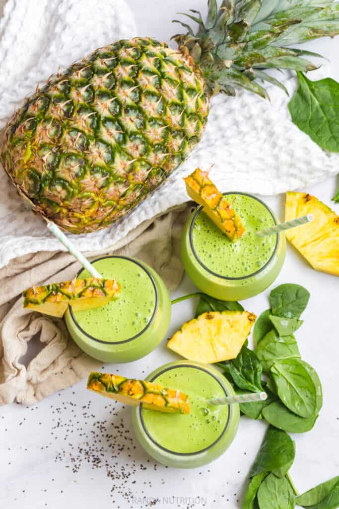 overhead view of a pineapple smoothie