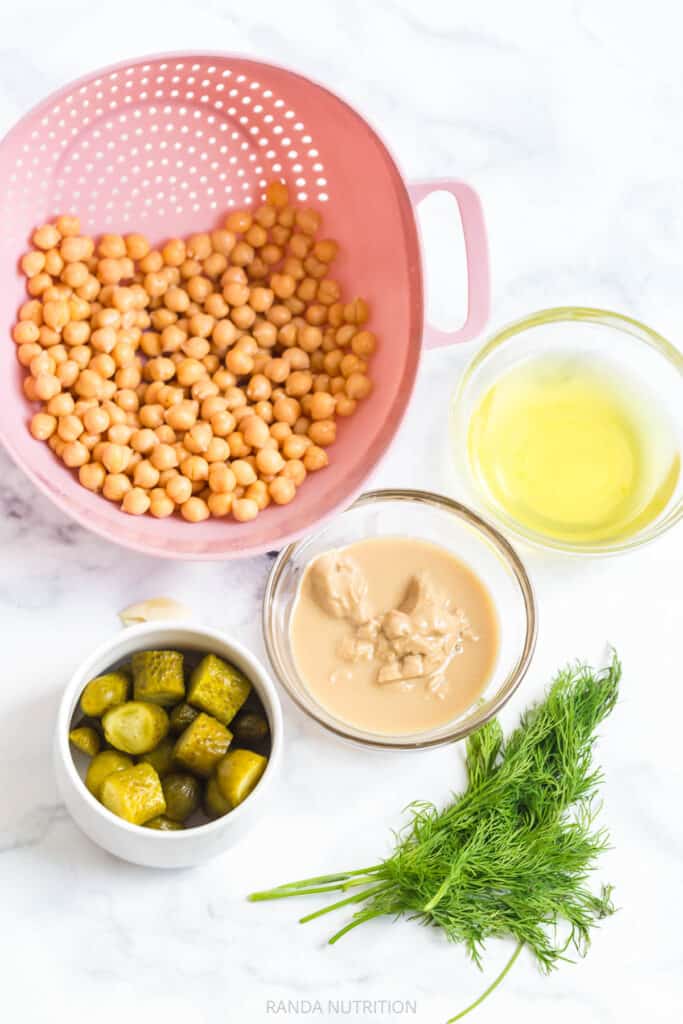 chickpeas, dill pickles, tahini, garlic, dill, and pickle juice