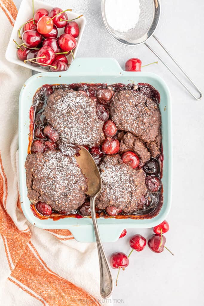 cherry cobbler in a baker