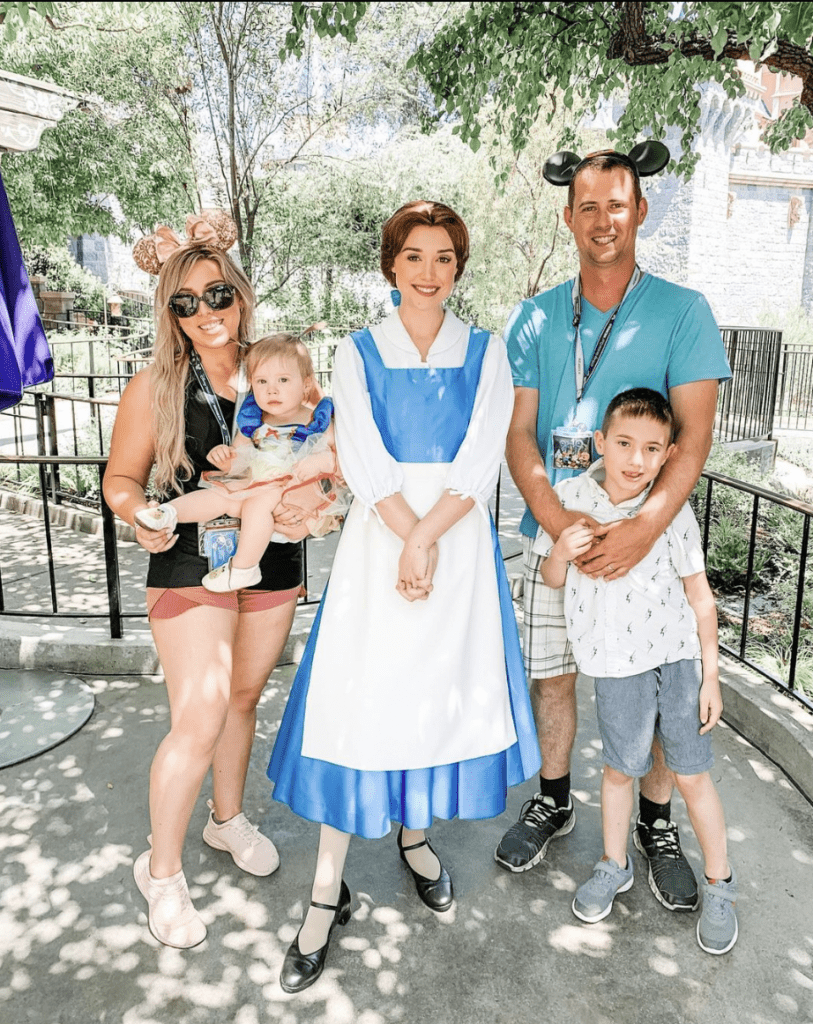 Family photo with Disney princess Belle at Disneyland