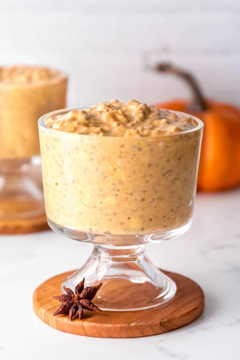 pumpkin spice overnight oats in a mini dessert dish